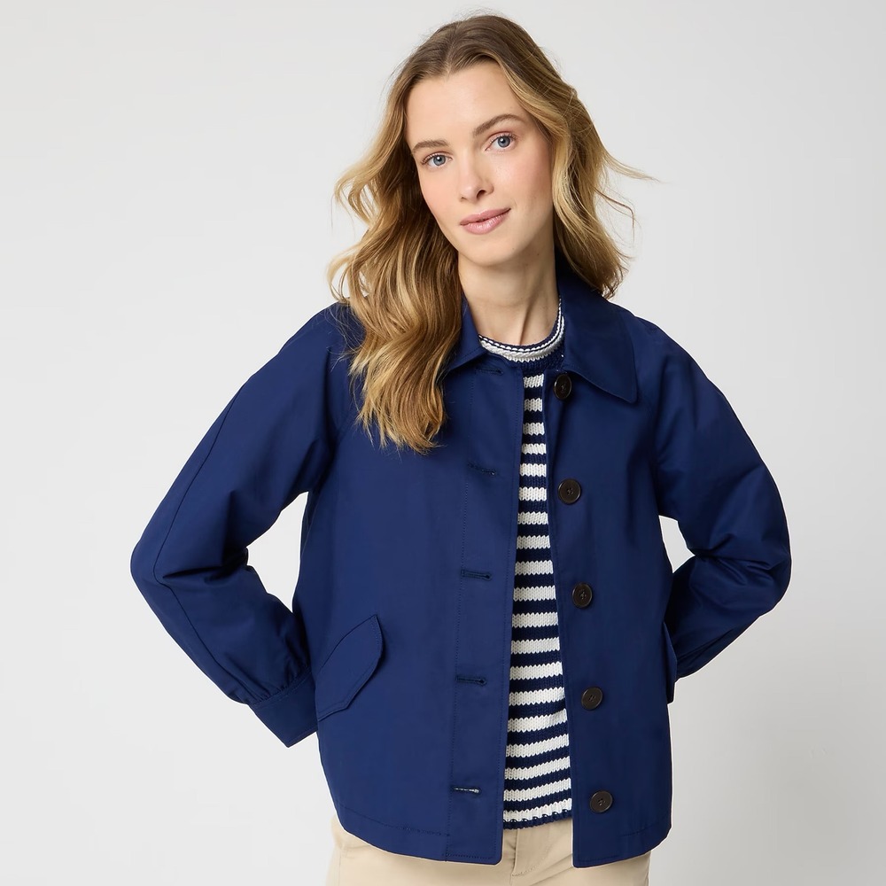 J.Crew Short Utility Trench Jacket Antique Navy Blue Coat Womens Large NWT